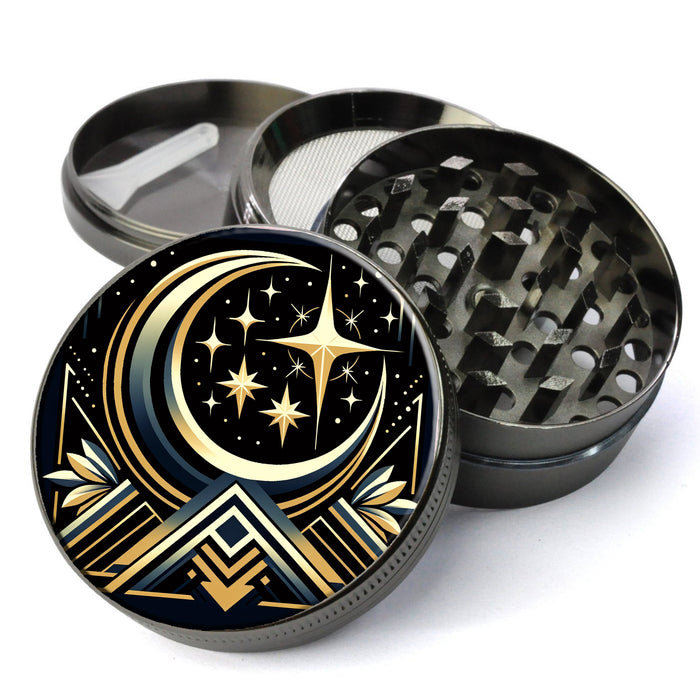 Art-Deco Style Crescent Moon and Stars, Girly Grinder, Large 5 Piece Herb Grinder, Gift Herb Grinder
