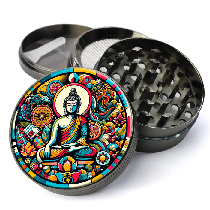Buddhist Pop-Art Style, Buddha, Lotus Flower, Dharma Wheel, Bodhi Tree, Extra Large 5 Piece Herb Culinary Spice Mill