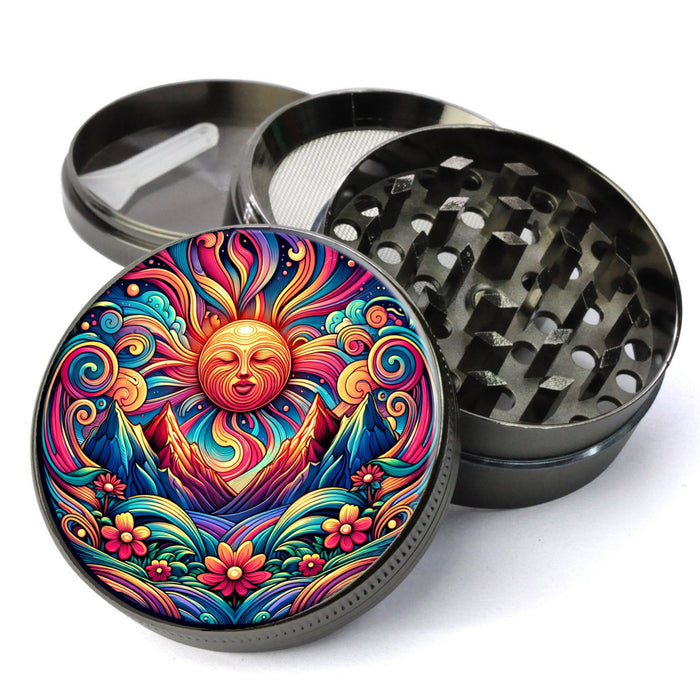 Trippy rising sun mountain flower design, Psychedelic Flowers, Extra Large 5 Piece Spice Herb Grinder