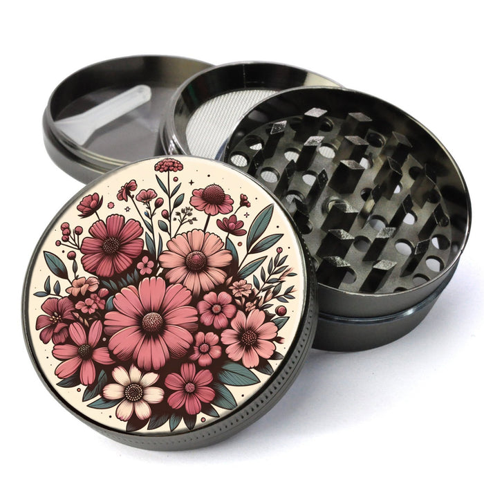 Retro Flower Grinder, Floral Herb Grinders, Pink Flowers Grinder , Extra Large 5 Piece Spice Herb Grinder