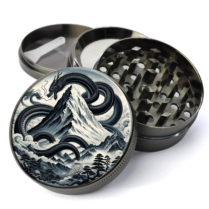 Ancient Japanese Mountain With Dragon chasing its own tail, esoteric and mystical feel, Extra Large 5 Piece Spice Herb Grinder