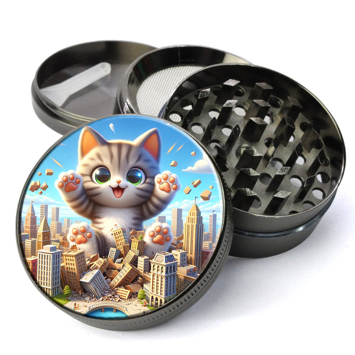 Cute Kitten Destroying A City Herb Grinder, Kitty Cat Grinder, Catzilla, Cat Zilla, Extra Large 5 Piece Grinder, Herb Grinder With Catcher