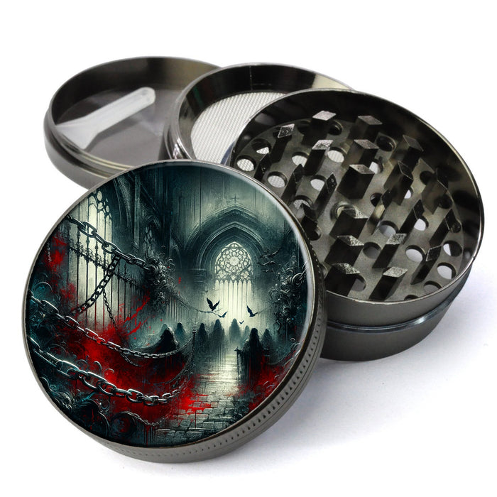 Gothic Scene with Chains And Blood Splatter Herb Grinder, Intense Goth Grinder, Extra Large 5 Piece Grinder, Herb Grinder With Catcher