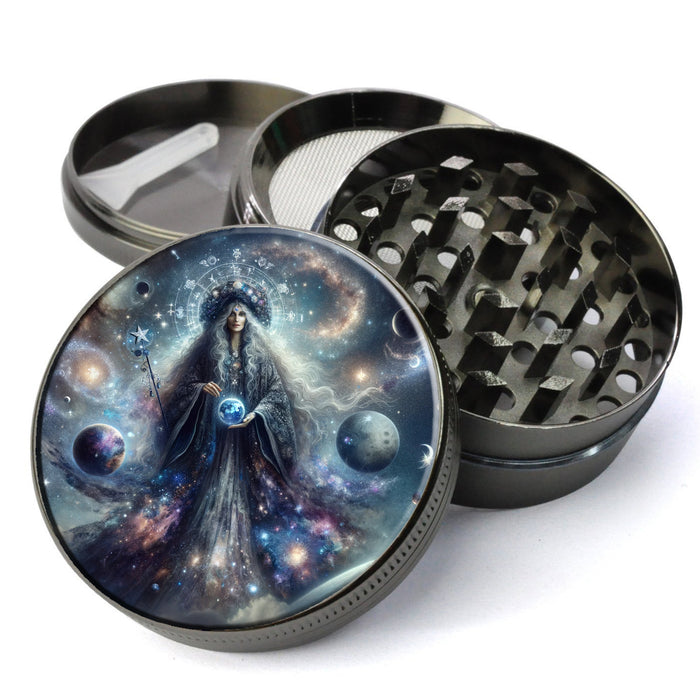 Celestial Witch Grinder, Mystique of the Cosmos, Whimsigoth Herb Grinder, Celestial Goddess Large Grinder With Catcher, Herb Grinder
