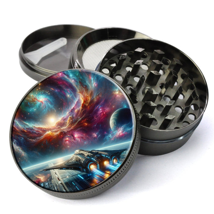 Cosmic Adventurer, interstellar landscape, colorful nebulae, galaxies, futuristic spaceship, Extra Large 5 Piece Spice Herb Grinder