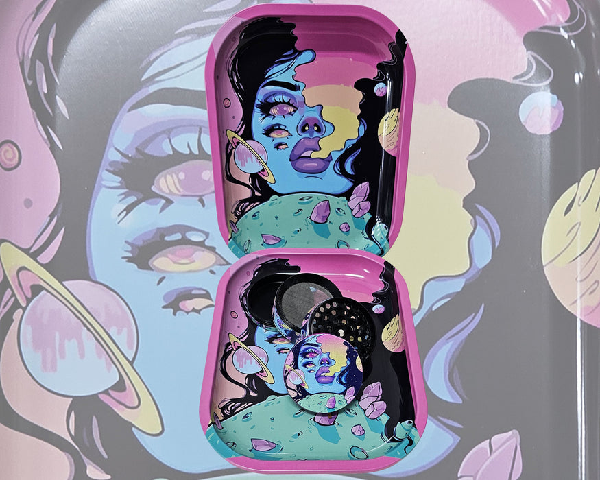 Spaced Out Decorative Tray and Culinary Spice Mill Matching Set, Girly Culinary Spice Mill With Catcher, Best Gifts For Her, Trippy Decorative Accessories
