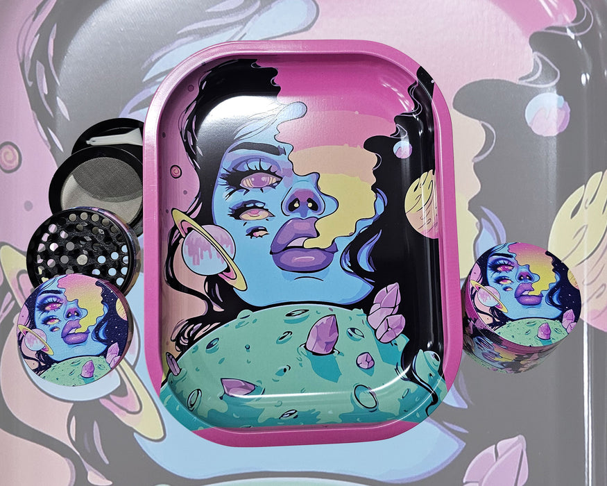 Spaced Out Decorative Tray and Culinary Spice Mill Matching Set, Girly Culinary Spice Mill With Catcher, Best Gifts For Her, Trippy Decorative Accessories