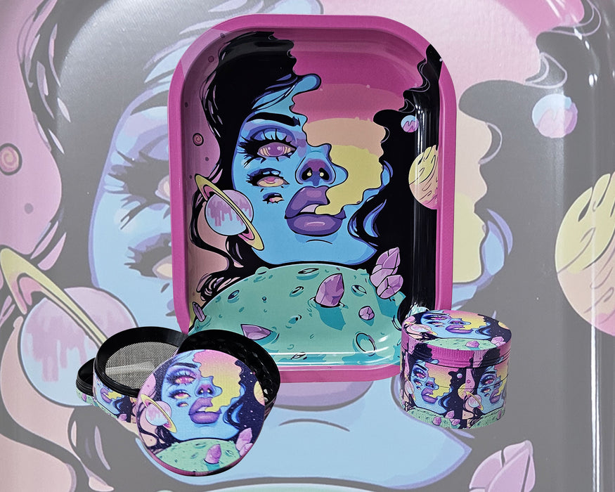 Spaced Out Decorative Tray and Culinary Spice Mill Matching Set, Girly Culinary Spice Mill With Catcher, Best Gifts For Her, Trippy Decorative Accessories