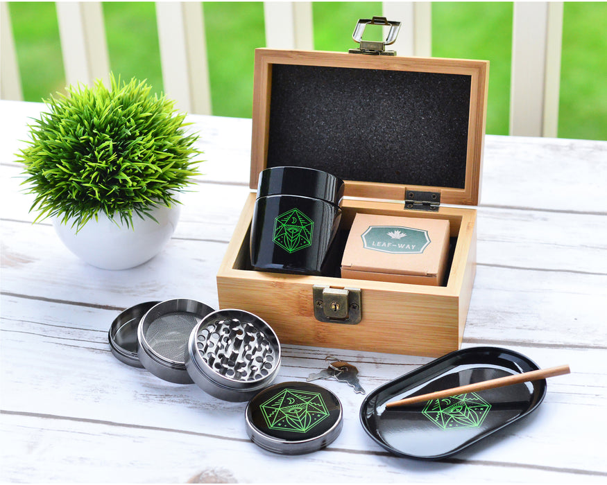 Grinder Stash Box Set - Includes XL Spice Grinder, UV Protective Smellproof Glass Jar, Bamboo Storage Box w/ Lock, Rolling Tray, Poker