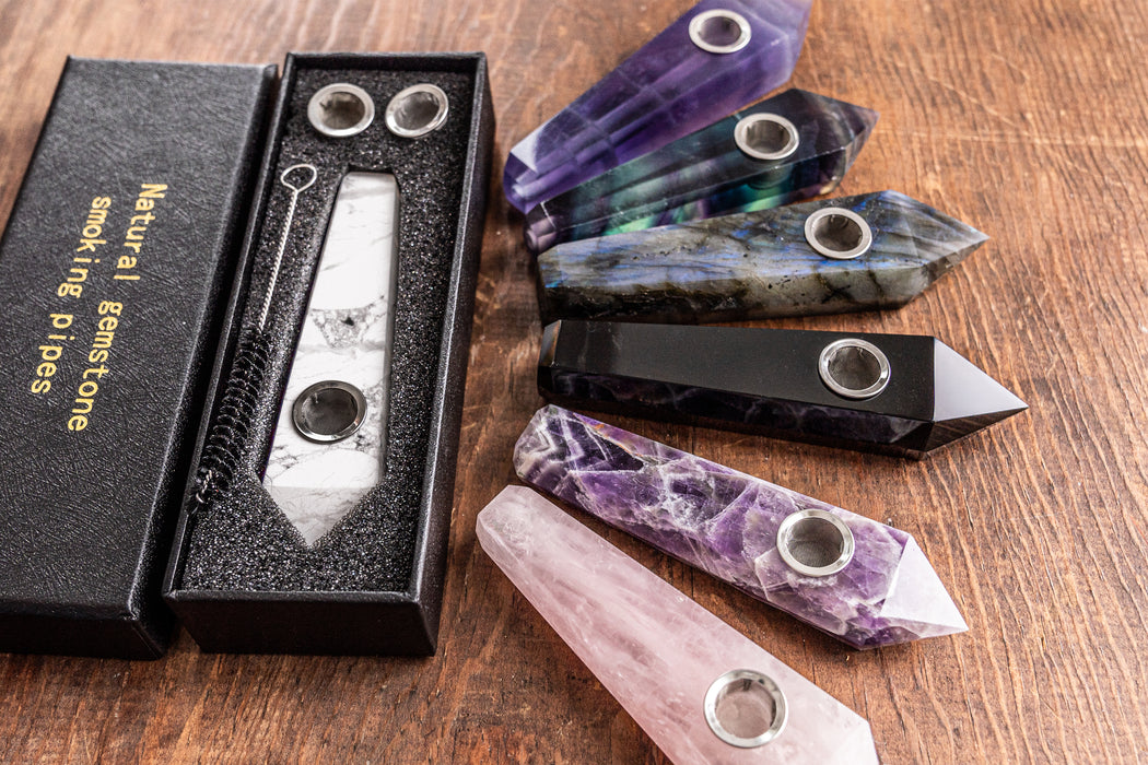 White Turquoise Gemstone Smoking Pipes | Natural Stone Pipes For Smoking | Gift Box, Extra Screens, Pipe Cleaner | Crystal, Quartz Stone Pipes