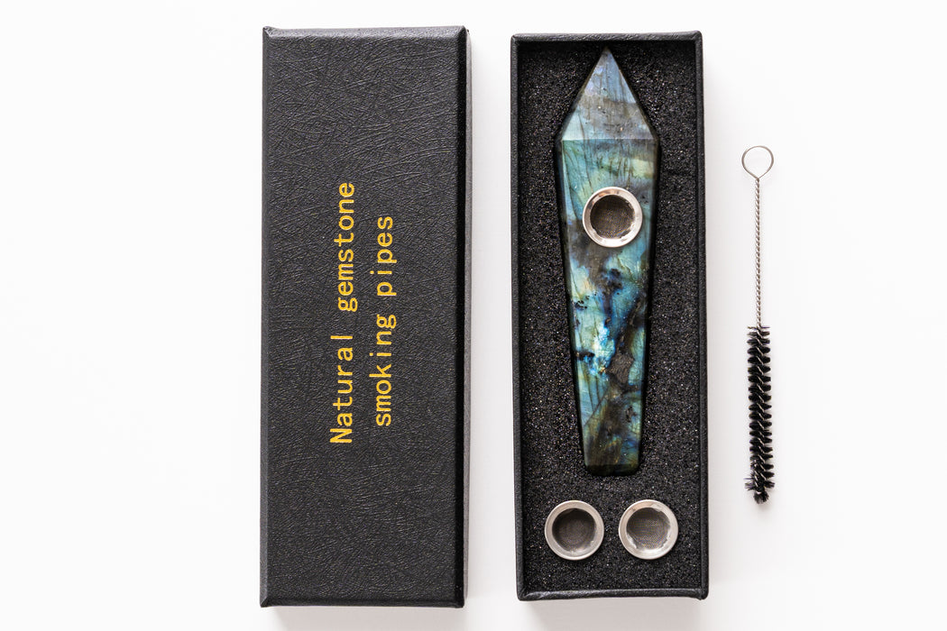 Labradorite Gemstone Smoking Pipes | Natural Stone Pipes For Smoking | Gift Box, Extra Screens, Pipe Cleaner | Crystal, Quartz Stone Pipes