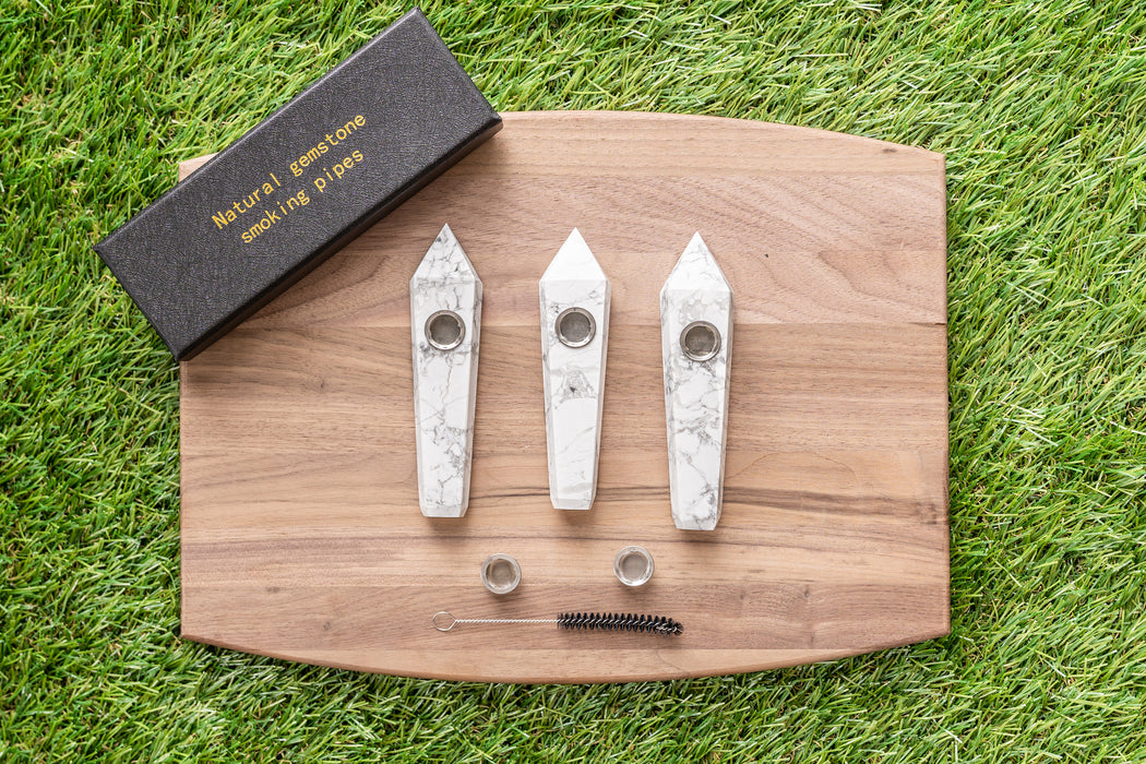 White Turquoise Gemstone Smoking Pipes | Natural Stone Pipes For Smoking | Gift Box, Extra Screens, Pipe Cleaner | Crystal, Quartz Stone Pipes