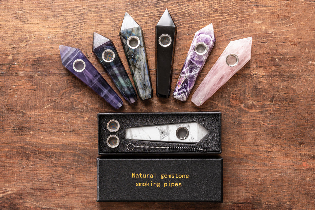 White Turquoise Gemstone Smoking Pipes | Natural Stone Pipes For Smoking | Gift Box, Extra Screens, Pipe Cleaner | Crystal, Quartz Stone Pipes