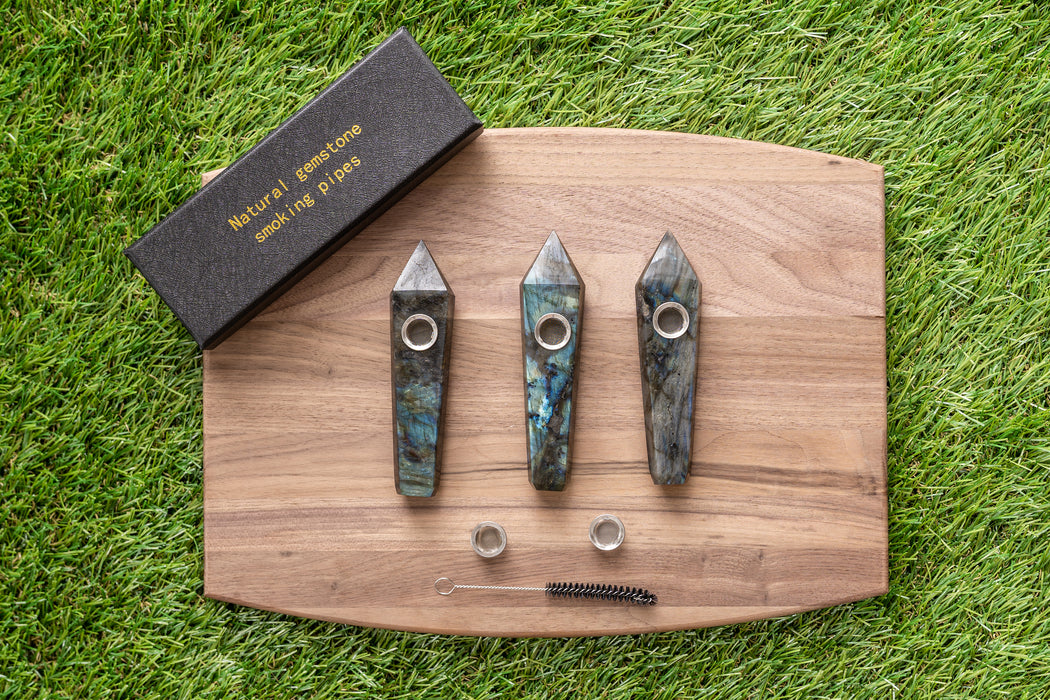 Labradorite Gemstone Smoking Pipes | Natural Stone Pipes For Smoking | Gift Box, Extra Screens, Pipe Cleaner | Crystal, Quartz Stone Pipes