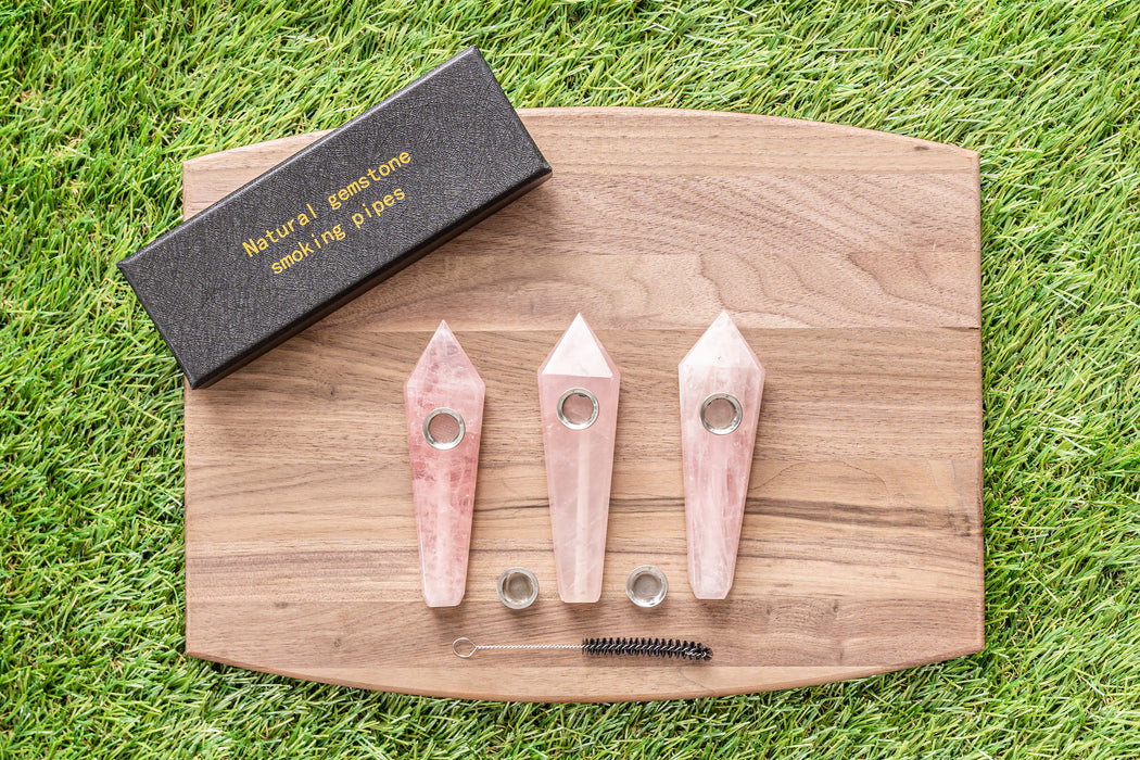 Rose Quartz Gemstone Smoking Pipes | Natural Stone Pipes For Smoking | Gift Box, Extra Screens, Pipe Cleaner | Crystal, Quartz Stone Pipes