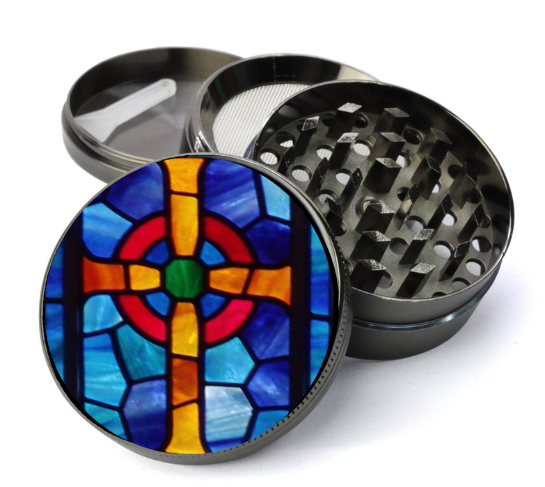 Stained Glass Cross Large 5 Piece Spice & Herb Grinder With Microfine Mesh Screen