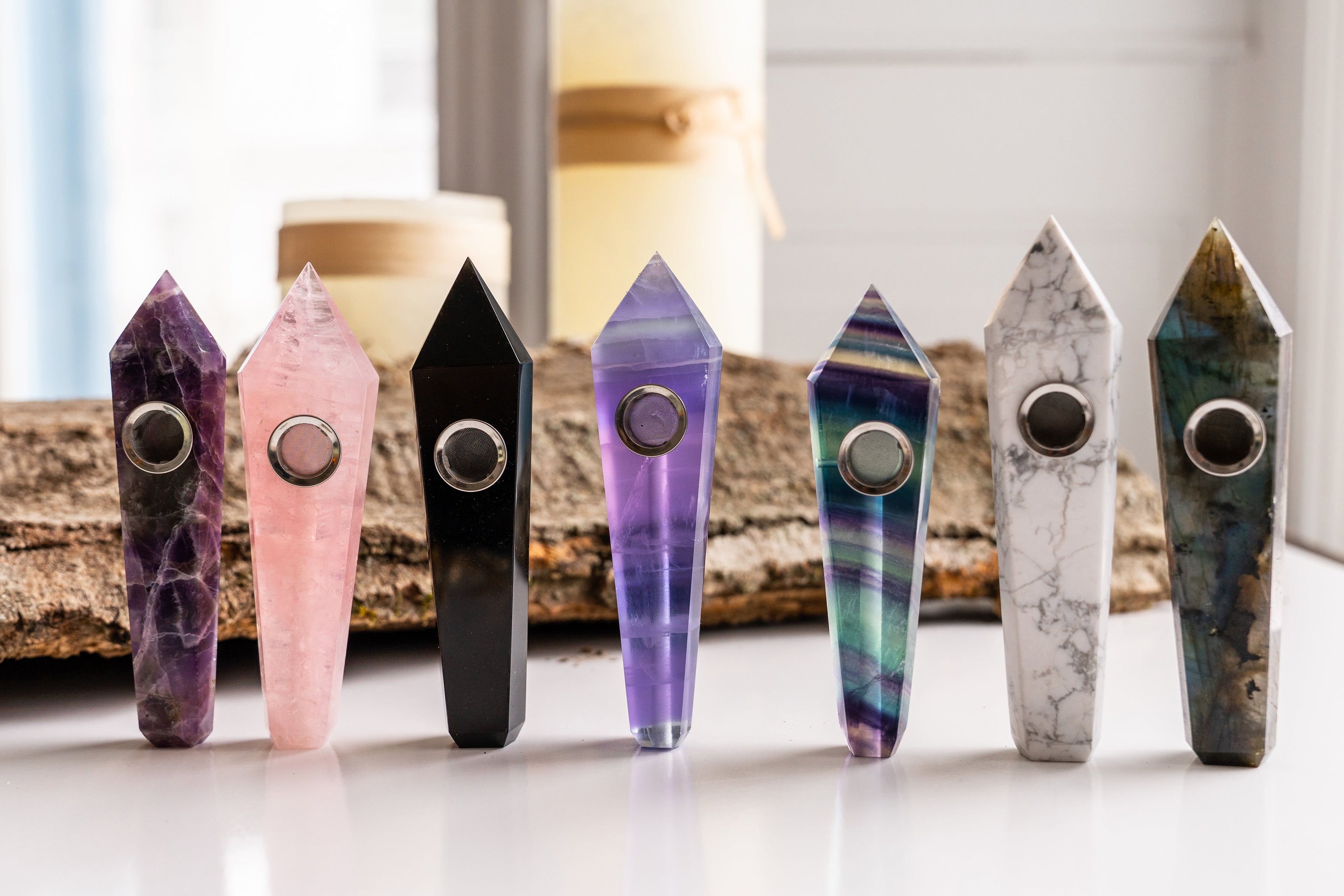 gemstone and quartz smoking pipe with mesh screen for smooth herbal enjoyment