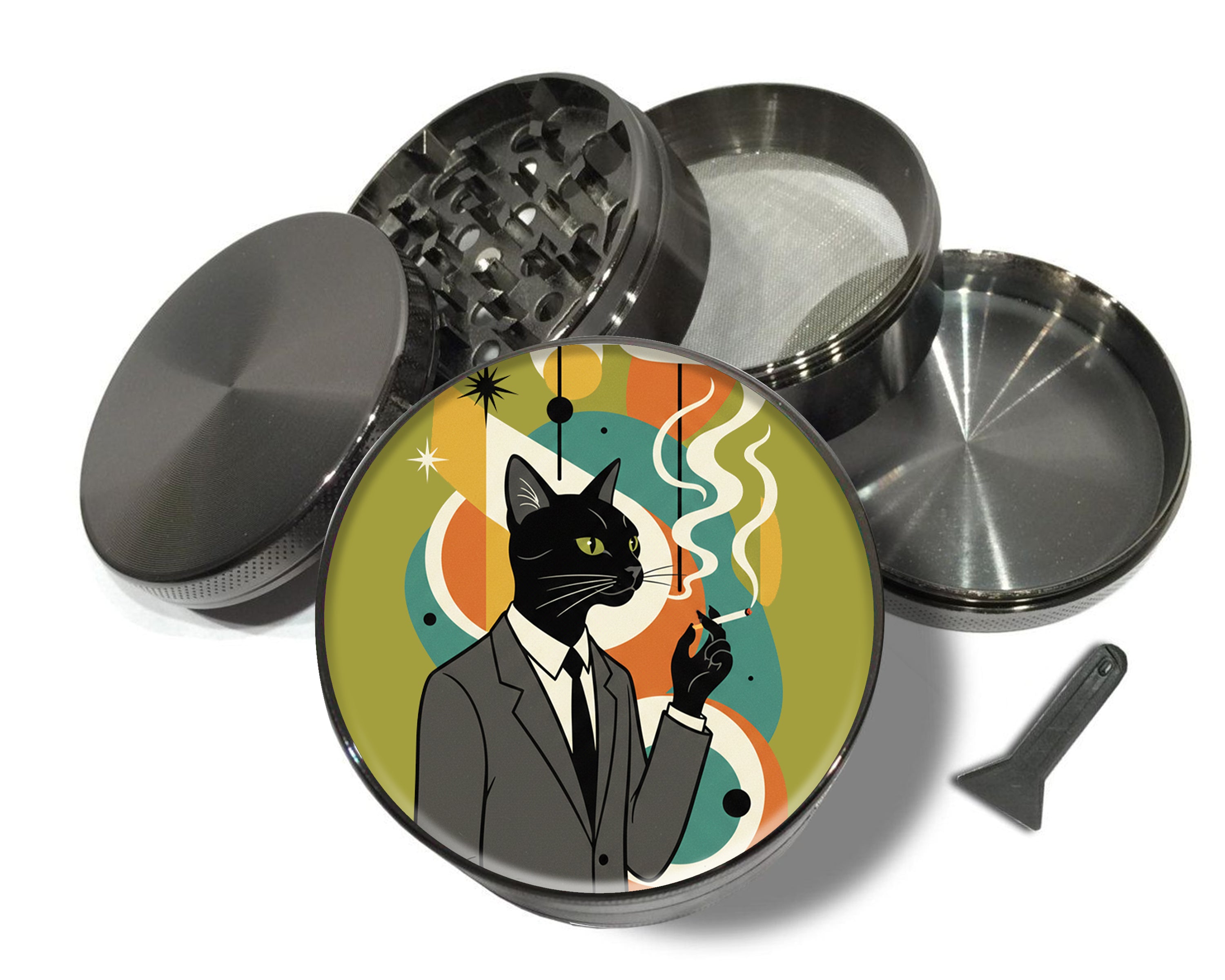 Midcentury Noir Cat Gentleman Spice Grinder Grey Grinder