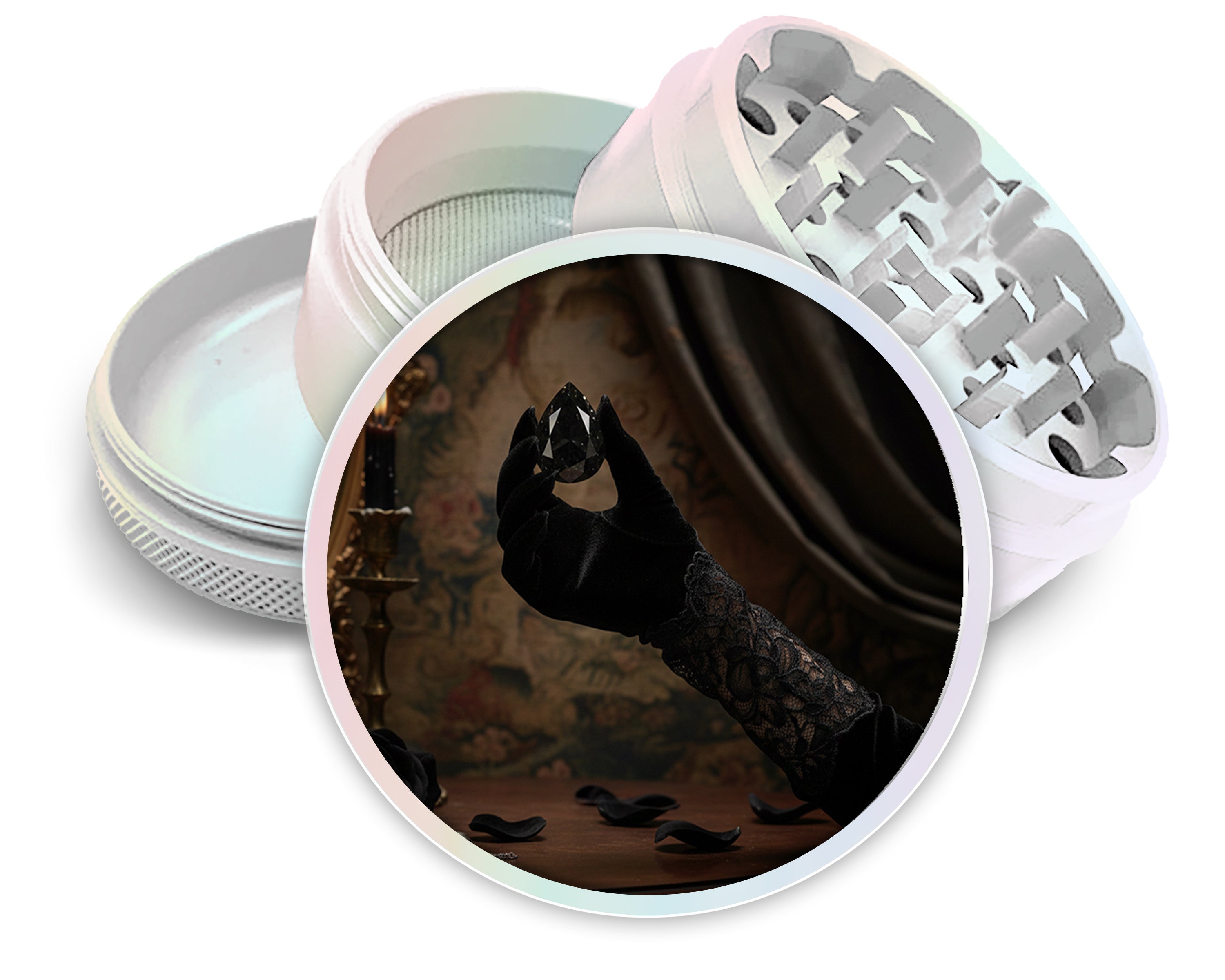 Velvet Glove Holding Black Diamond Spice Grinder White Grinder