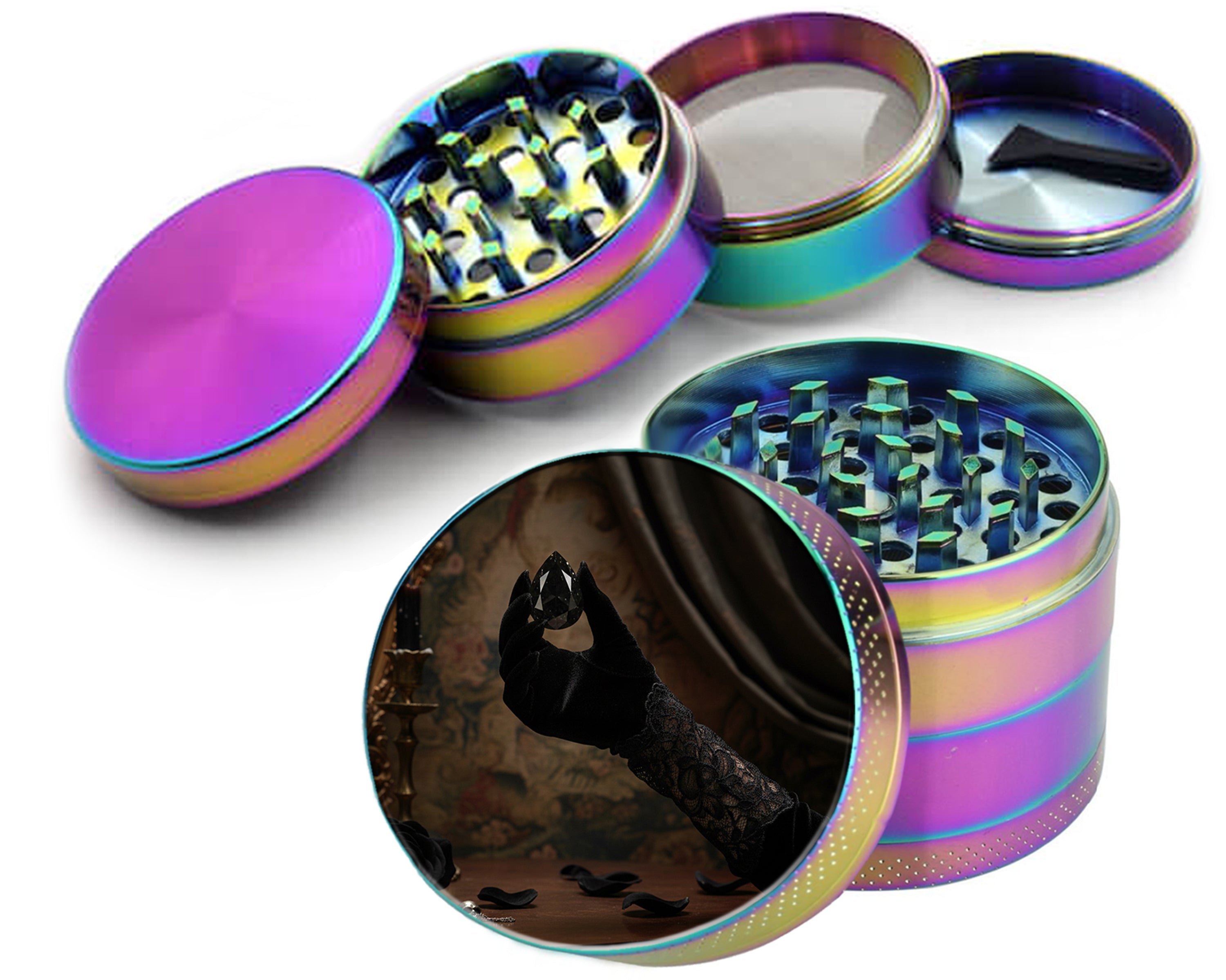 Velvet Glove Holding Black Diamond Spice Grinder Rainbow Grinder