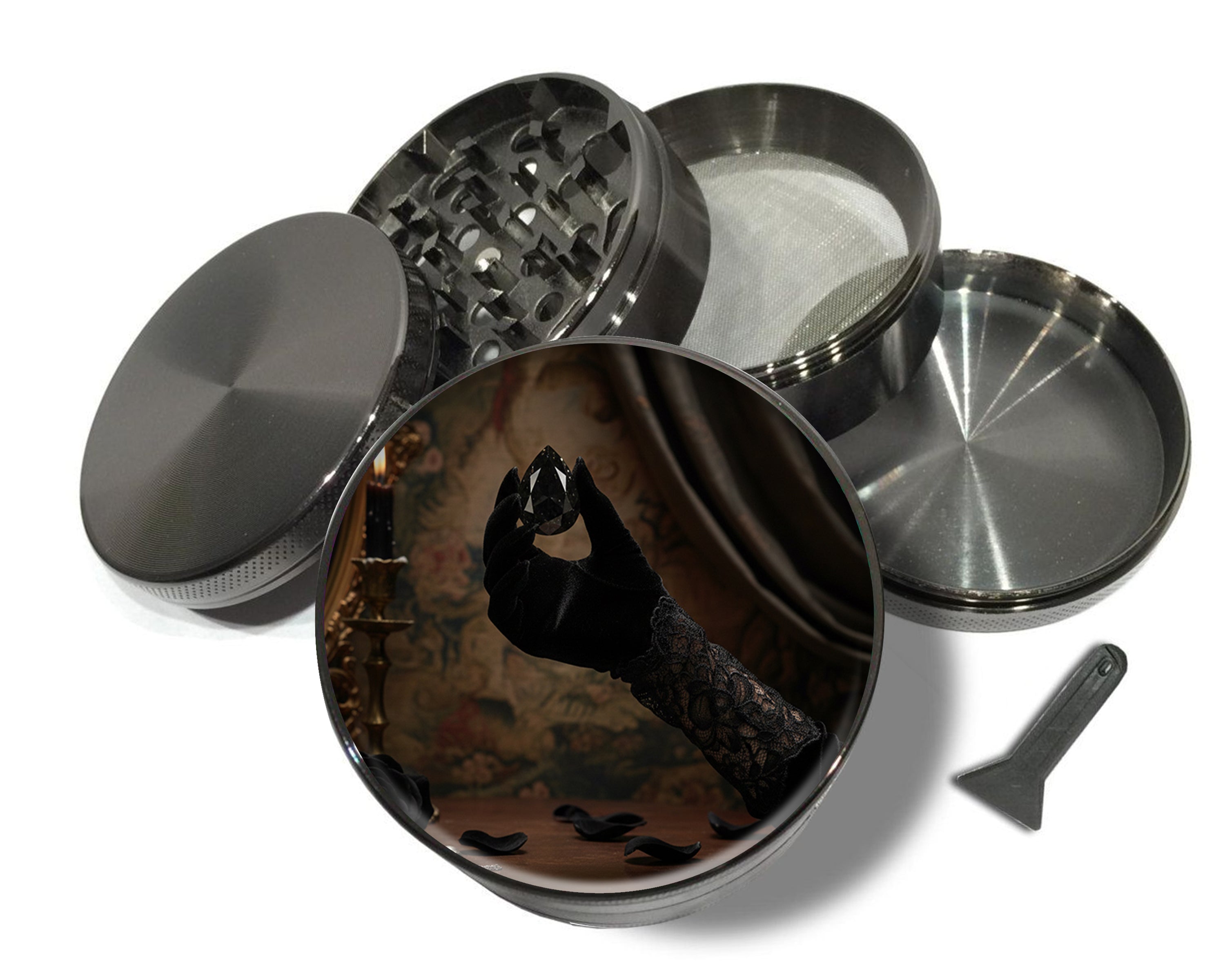 Velvet Glove Holding Black Diamond Spice Grinder Grey Grinder
