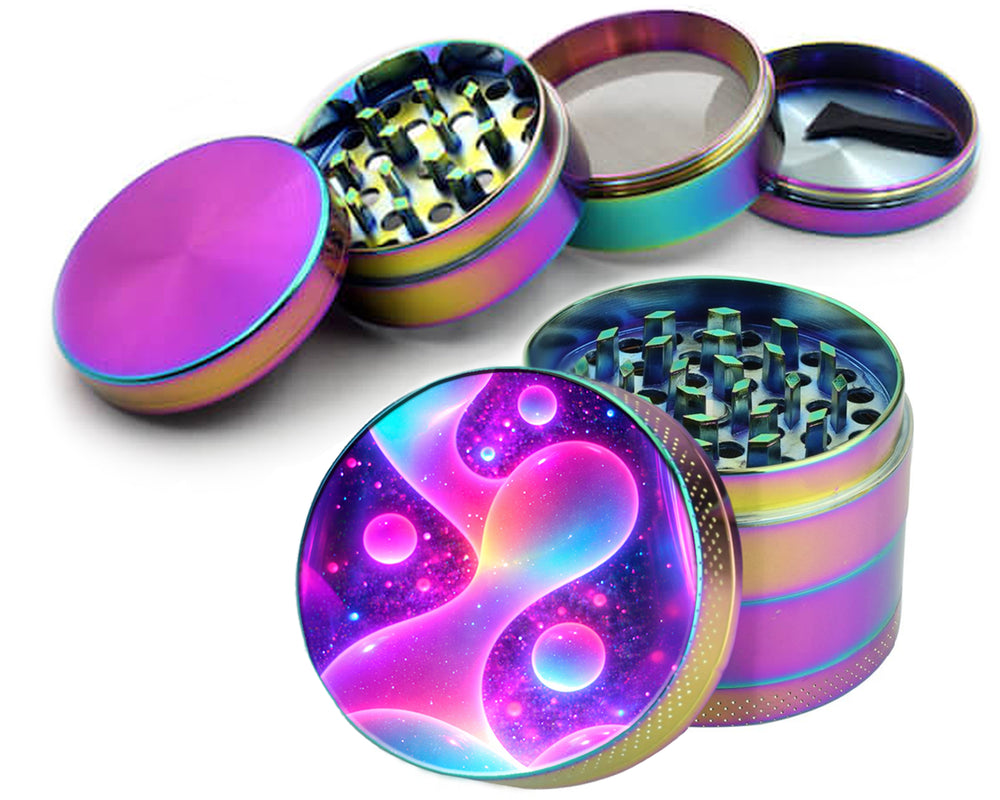Rainbow herb grinder with neon lava-lamp artwork on the lid, shown with its sections apart