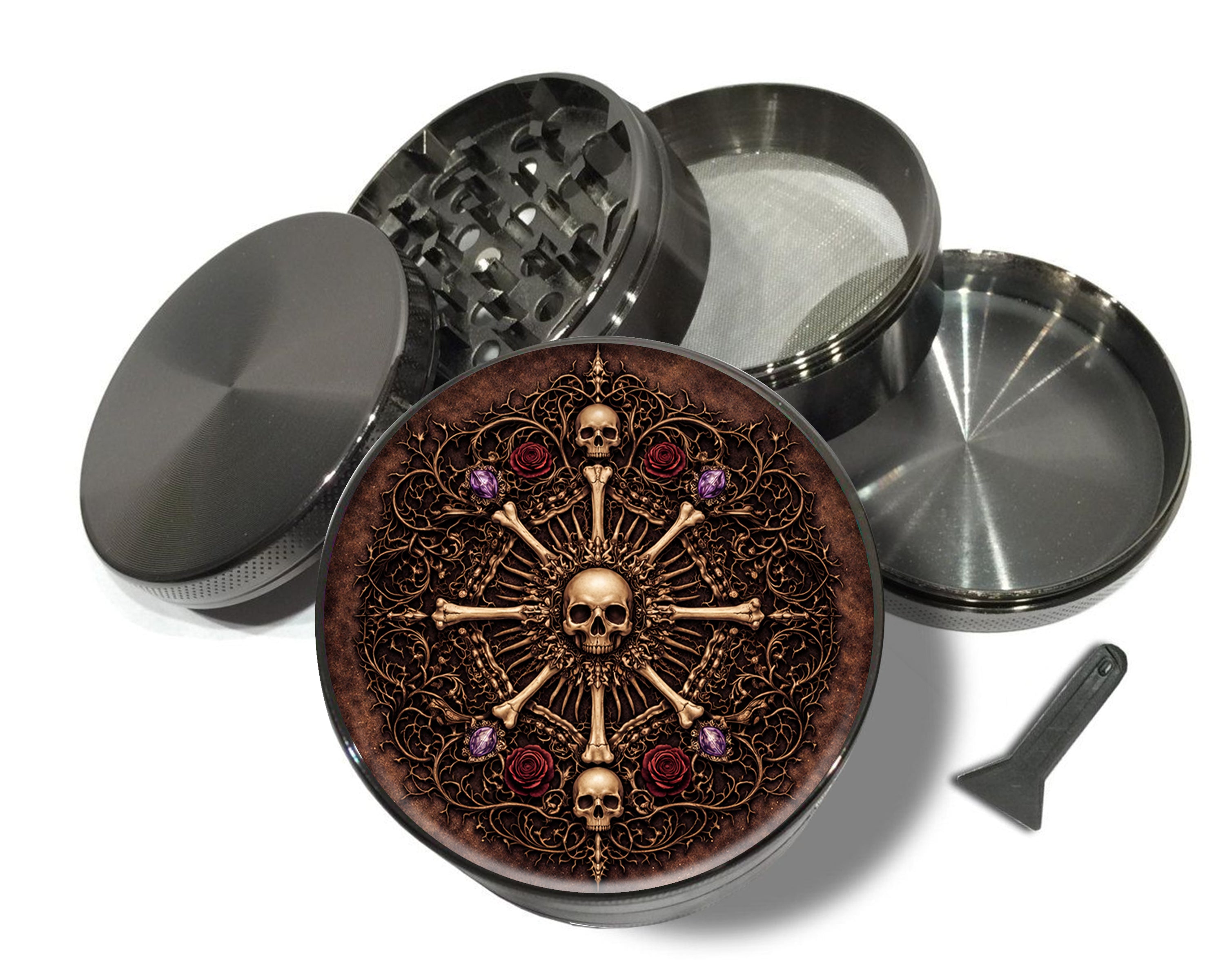 Skull & Rose Bone Mandala Spice Grinder Grey Grinder