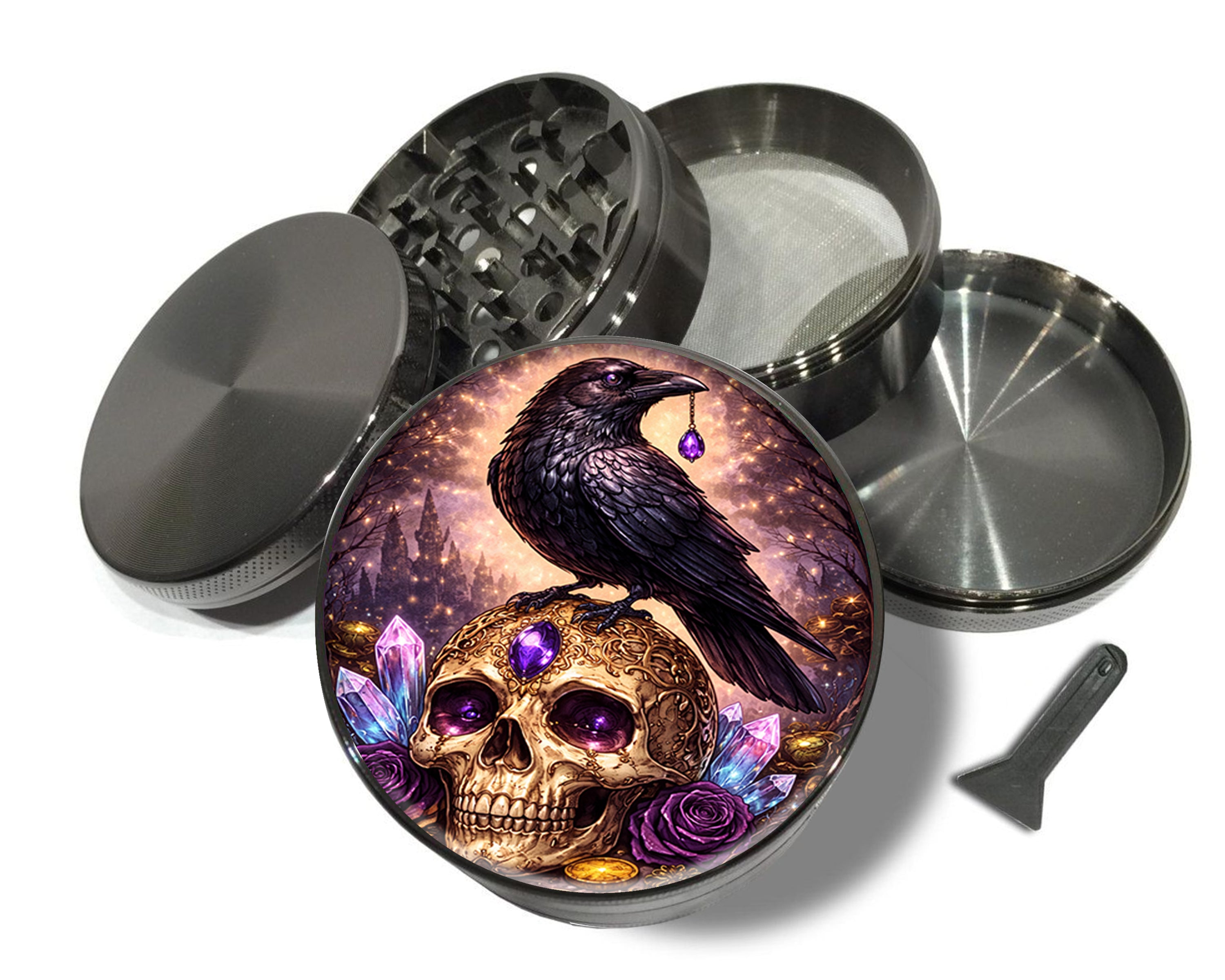Raven Crowned Crystal Skull Spice Grinder Grey Grinder