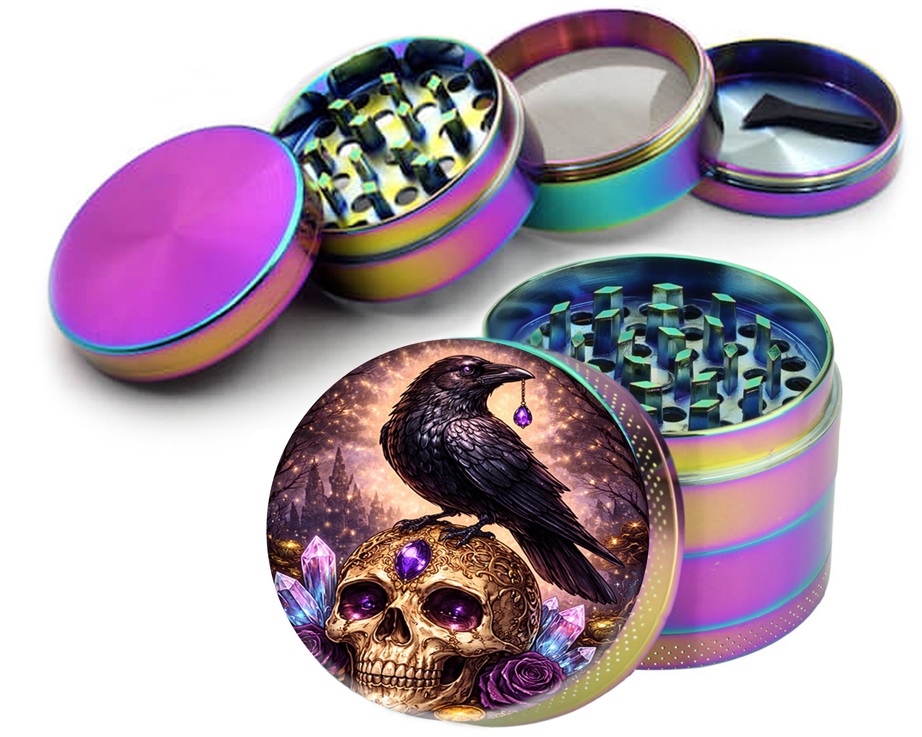 Raven Crowned Crystal Skull Spice Grinder Rainbow Grinder