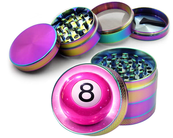 Rainbow herb grinder with a sparkly pink 8-ball design on the lid, shown with its sections apart
