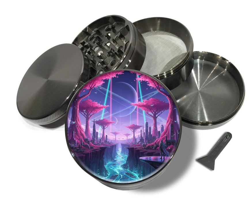Cyberpunk Neon City Sci-Fi Skyline Art Spice Grinder Grey Grinder
