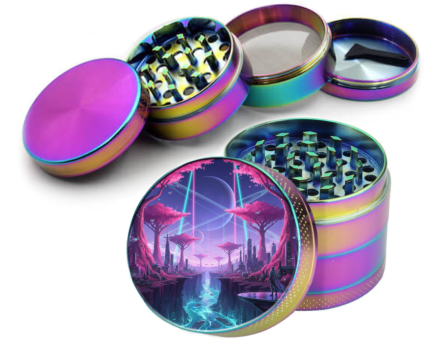 Cyberpunk Neon City Sci-Fi Skyline Art Spice Grinder Rainbow Grinder