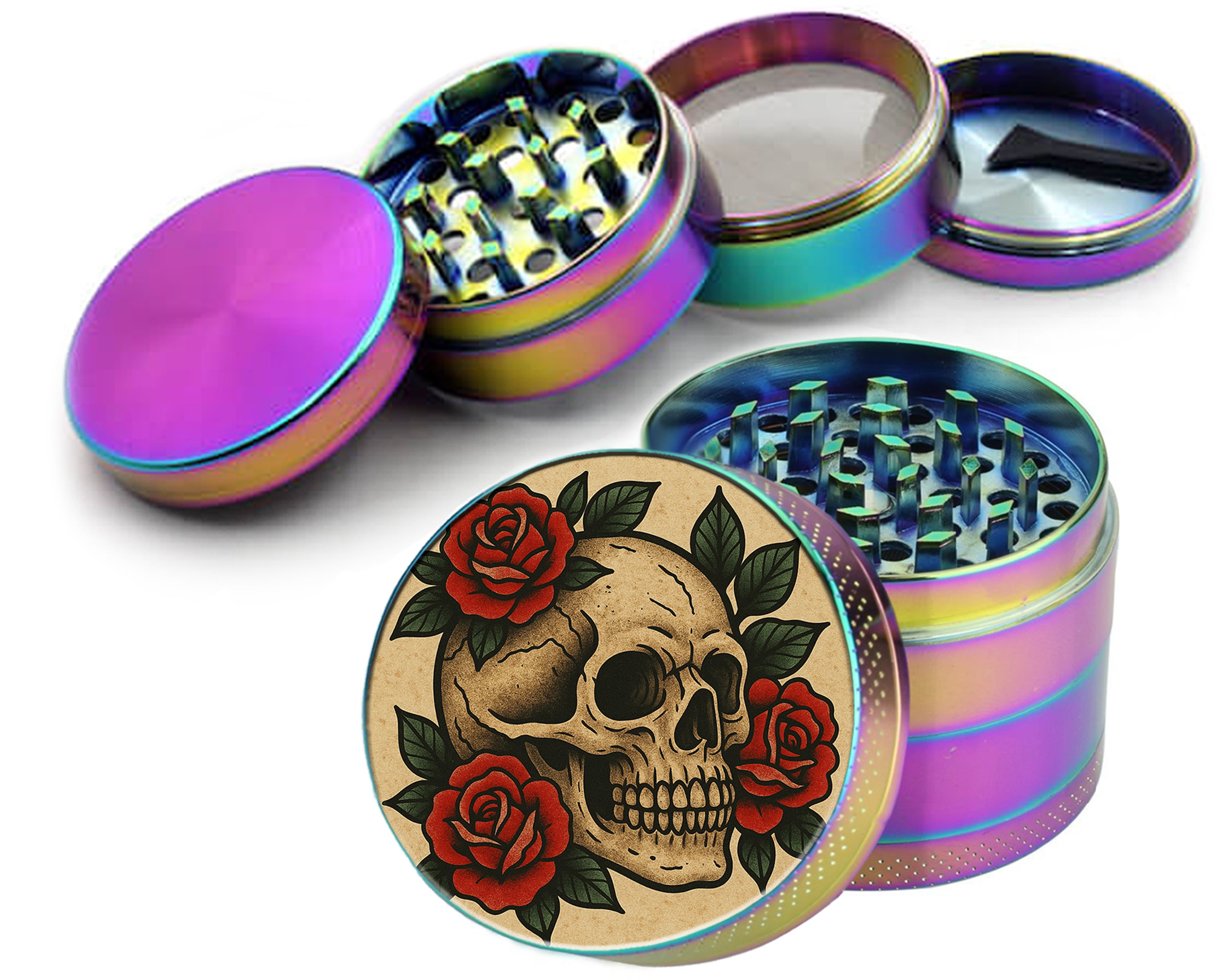 Skull with Red Roses Tattoo Flash Style Spice Grinder Rainbow Grinder