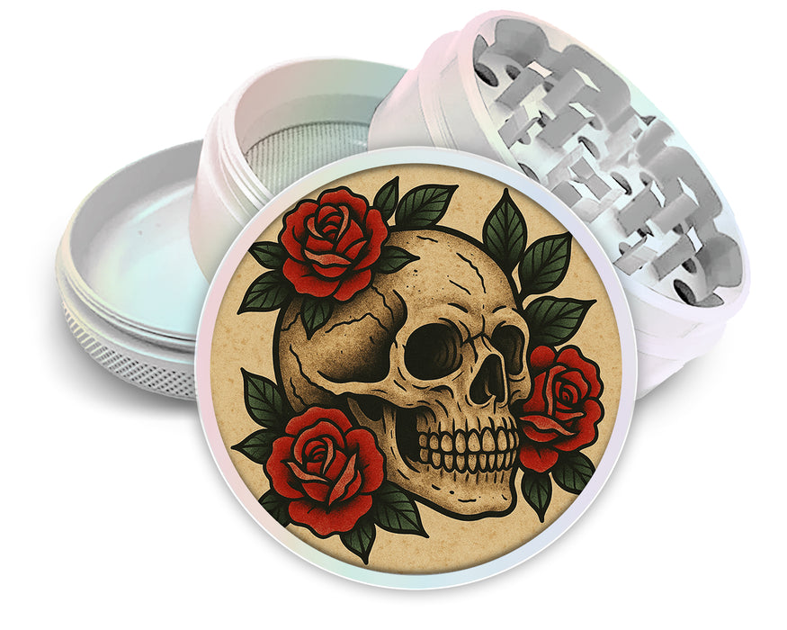 Skull with Red Roses Tattoo Flash Style Spice Grinder White Grinder