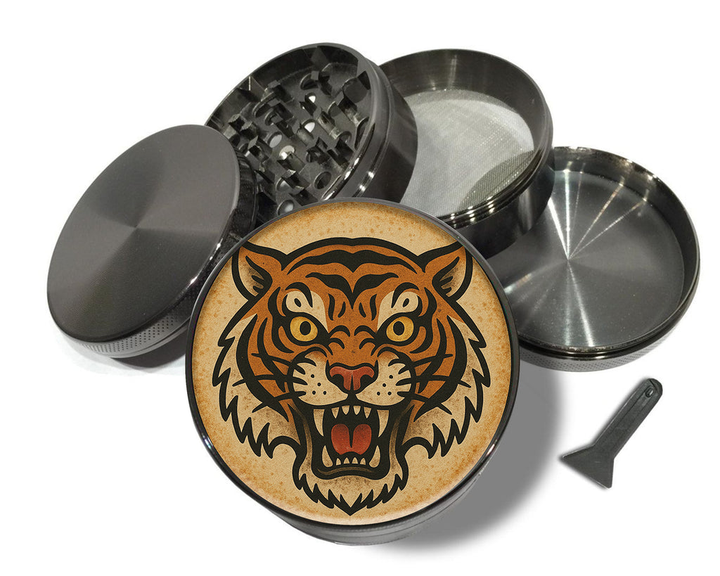 Vintage Fierce Tiger Head Traditional Tattoo Design Spice Grinder Grey Grinder