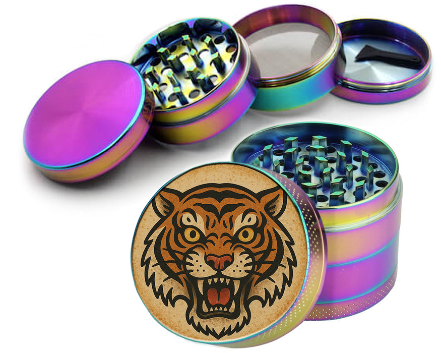 Vintage Fierce Tiger Head Traditional Tattoo Design Spice Grinder Rainbow Grinder