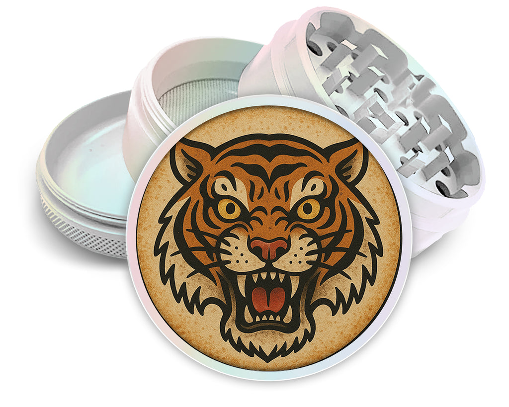 Vintage Fierce Tiger Head Traditional Tattoo Design Spice Grinder White Grinder