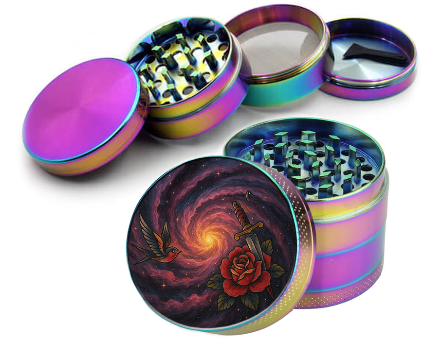 Black Hole Galaxy Spiral with Red Rose Spice Grinder Rainbow Grinder