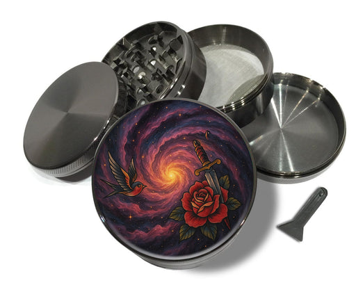 Black Hole Galaxy Spiral with Red Rose Spice Grinder Grey Grinder
