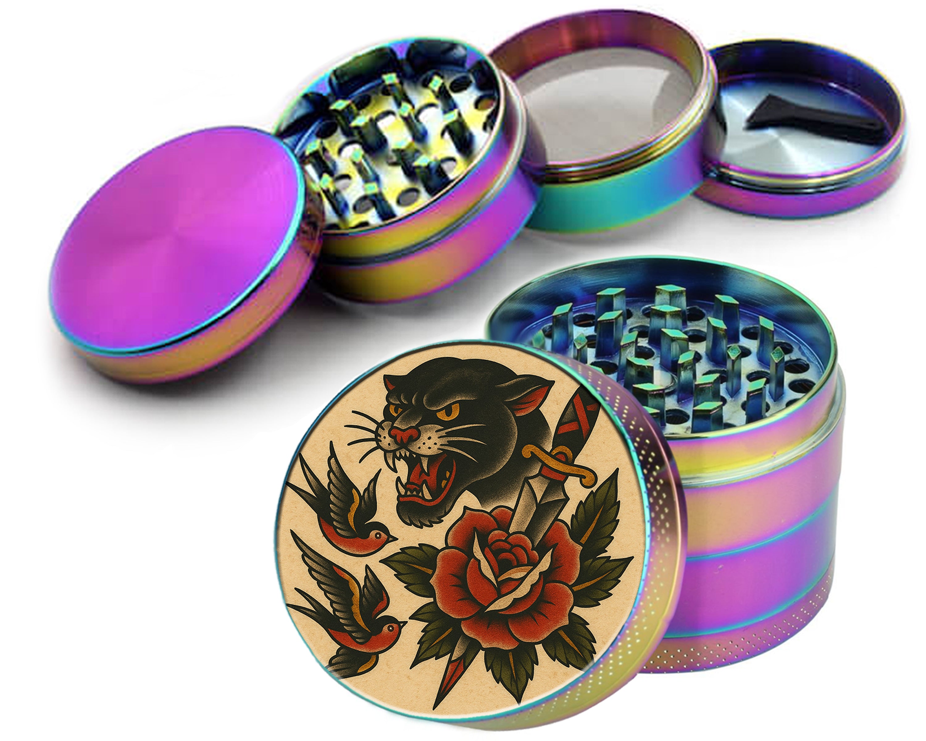 Classic Skull and Roses Flash Tattoo Design Spice Grinder Rainbow Grinder