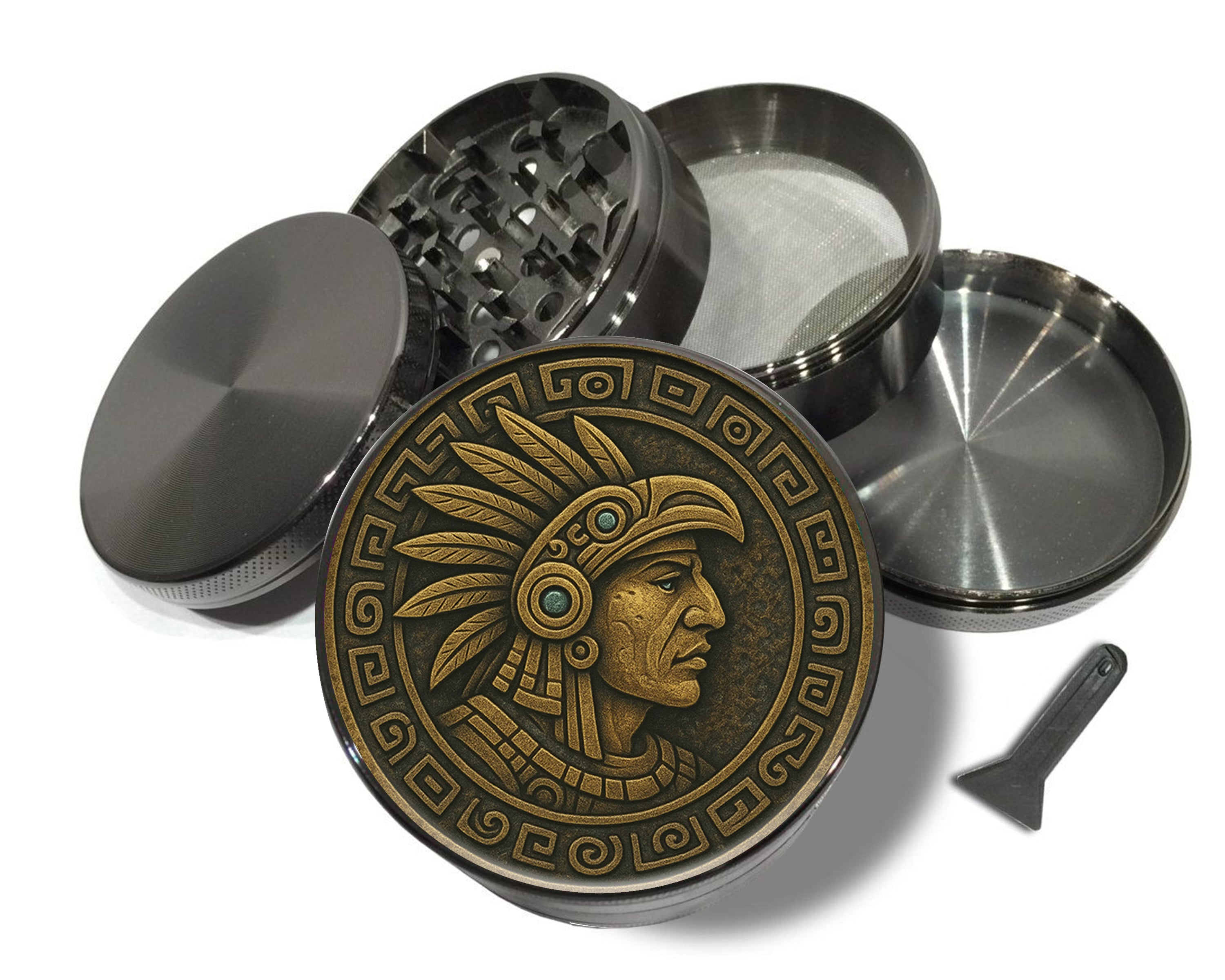 Ancient Mayan Warrior Medallion Art Spice Grinder Grey Grinder