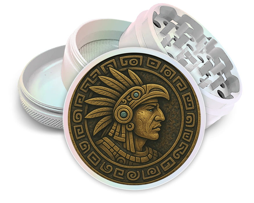 Ancient Mayan Warrior Medallion Art Spice Grinder White Grinder