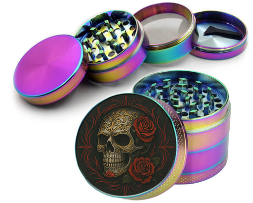 Dark Skull with Red Roses Gothic Ink Style Spice Grinder Rainbow Grinder