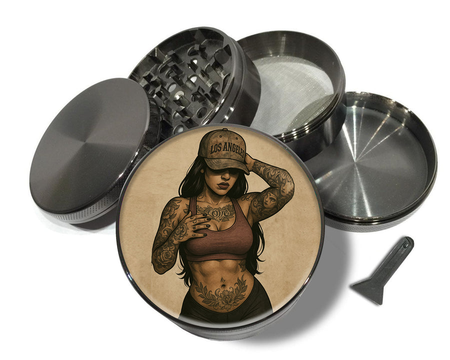 Tough Tattooed Woman with Bandana Pin-Up Vibes Spice Grinder Grey Grinder