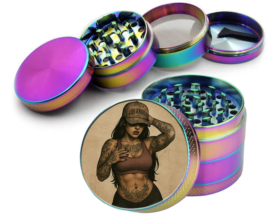 Tough Tattooed Woman with Bandana Pin-Up Vibes Spice Grinder Rainbow Grinder
