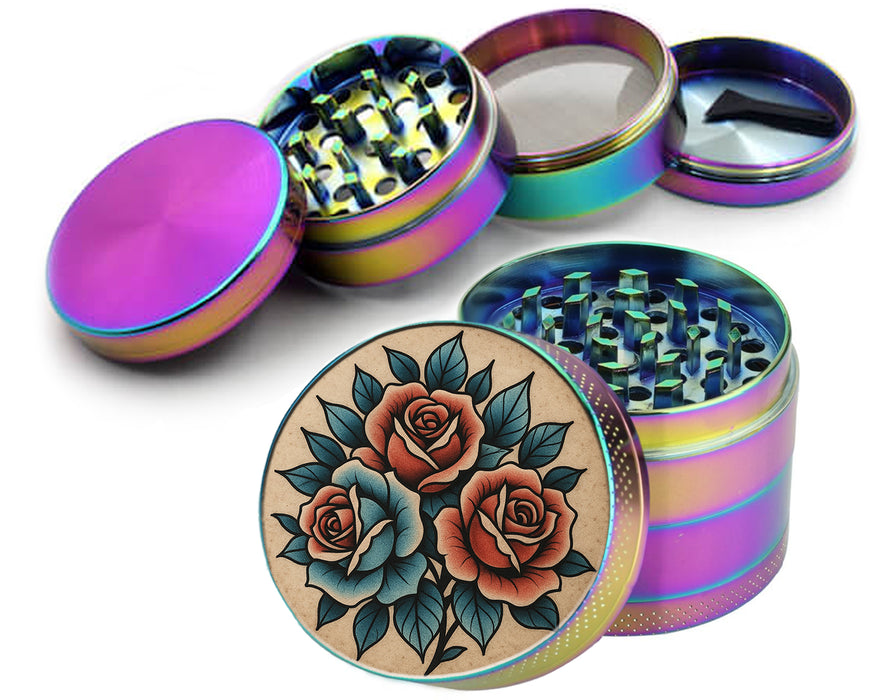 Traditional Red Rose Tattoo Design on Beige Spice Grinder Rainbow Grinder