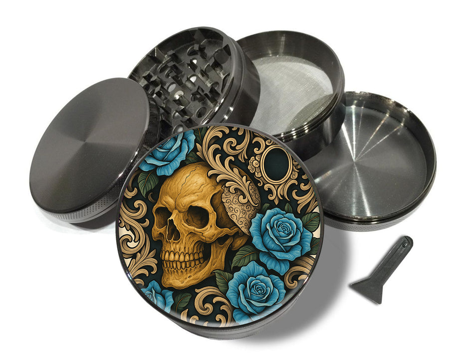 Gothic Skull with Roses and Chains Tattoo Aesthetic Spice Grinder Grey Grinder