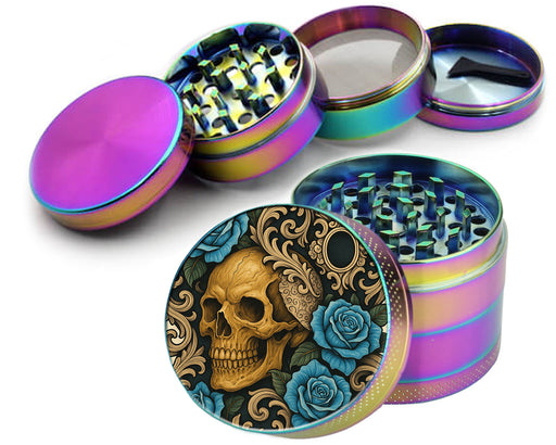 Gothic Skull with Roses and Chains Tattoo Aesthetic Spice Grinder Rainbow Grinder