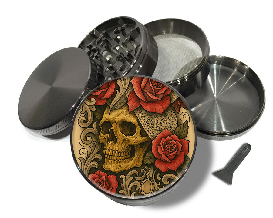Grunge Skull and Rose Flash Art Circle Design Spice Grinder Grey Grinder