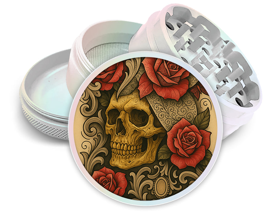 Grunge Skull and Rose Flash Art Circle Design Spice Grinder White Grinder